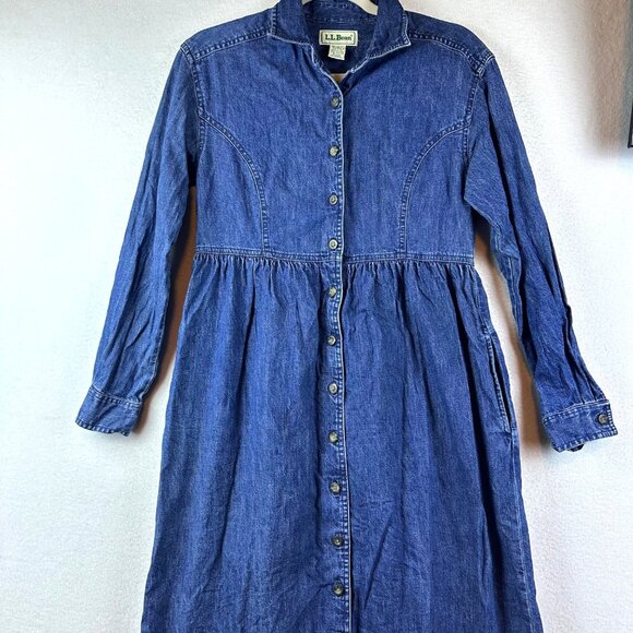 L.L.Bean Womens Denim Chambray Button Front Dress 4 Long Sleeve Pockets Casual - Picture 1 of 11